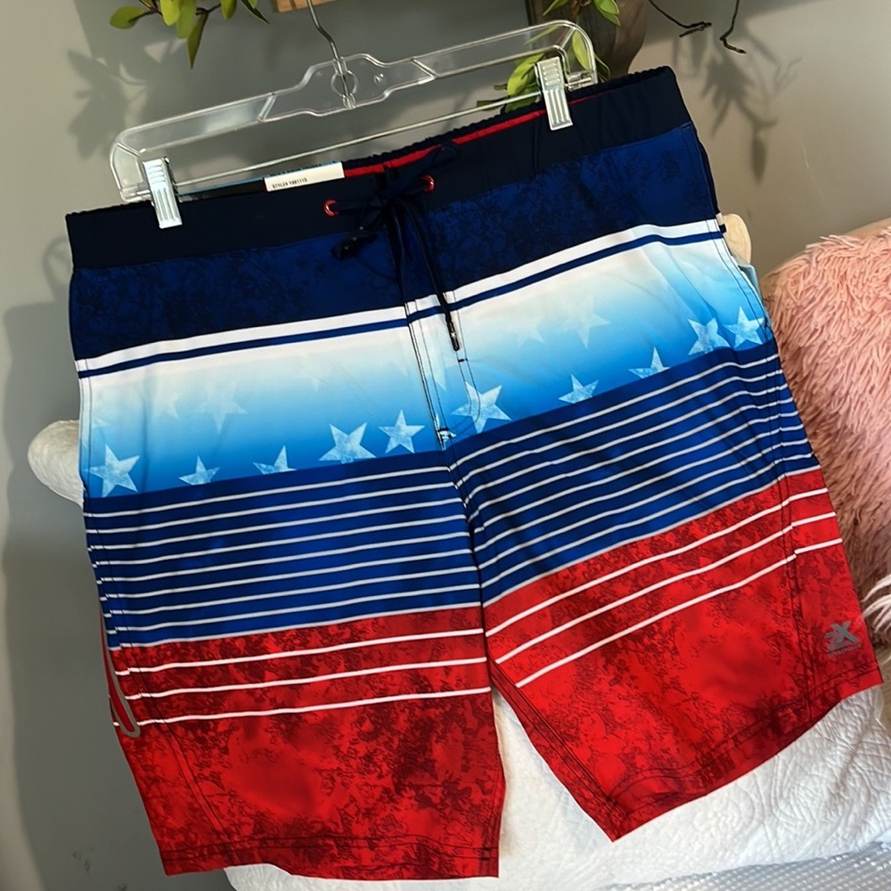Stars and Stripes Mens Swim Trunks Shorts Stretch Red White Blue ZeroXposur